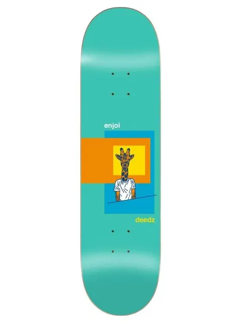 Enjoi deedz skart skateboard deck: A figure in a white t-shirt with a giraffe's head sits in front of overlapping orange, yellow and blue rectangles on a turquoise deck. Small 'enjoi' and 'deedz' text appear either side.