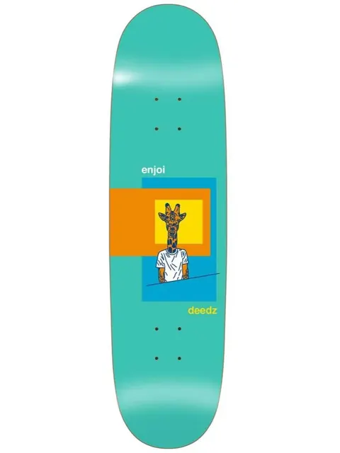 Enjoi deedz skart shaped skateboard deck: A giraffe-headed person in a white t-shirt sits against overlapping yellow, blue and orange rectangles on a turquoise deck, with enjoi and deedz in small lettering.