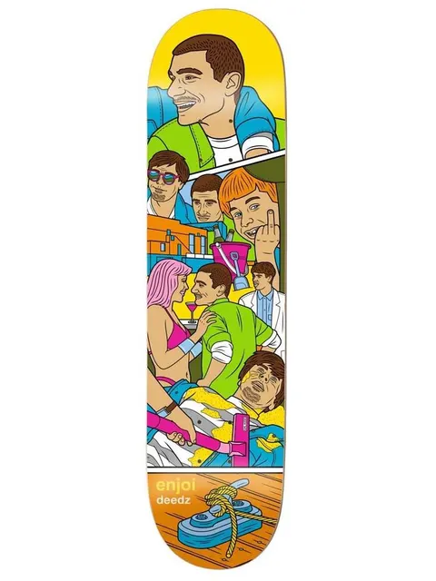 Enjoi deedz weekend at louies skateboard deck: Comic-style scene of several men and a pink-haired woman at a party with cocktails, a man with sunglasses, one pulling a rude gesture, and an unconscious man lying in a messy jacket. A knotted rope and cleat sit at the bottom.