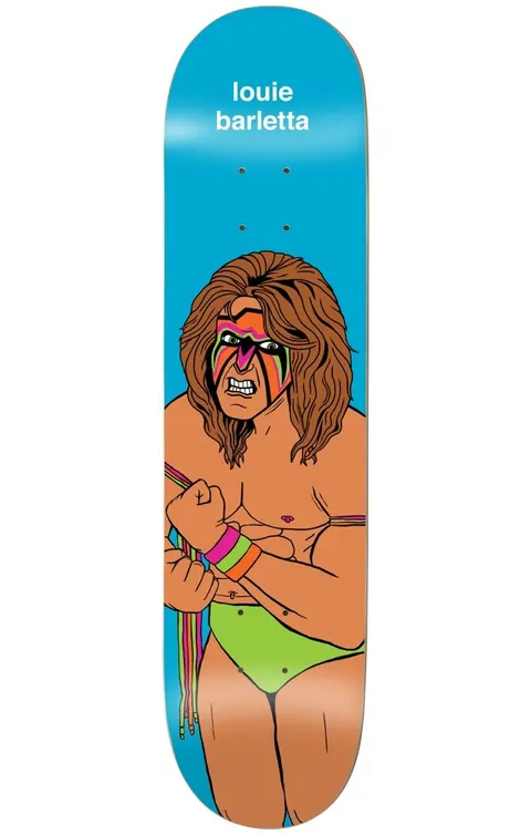 Enjoi barletta body slam skateboard deck: A cartoon wrestler with long brown hair, face paint and neon wristbands, wearing a green brief and gripping ring ropes, on a bright blue deck. White name text at the top.