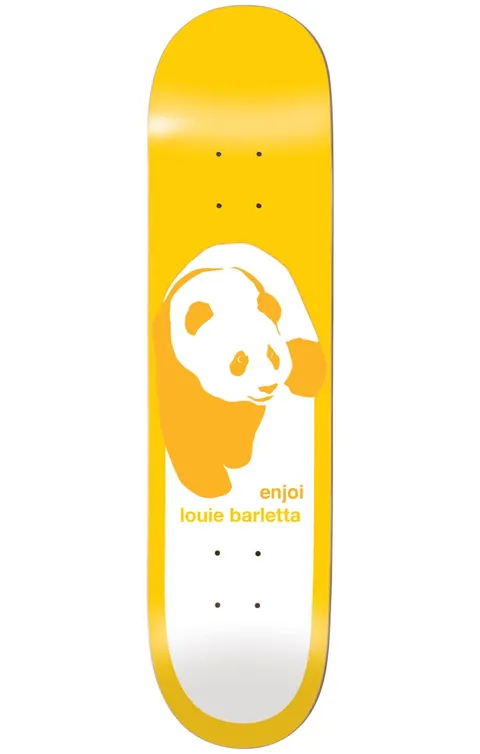 Enjoi barletta classic panda happy trees R7 7.75 & 9.5 skateboard deck: A large white panda silhouette with orange shading sits on a white panel against a yellow deck, with the brand and rider name in small orange lowercase type beneath it.