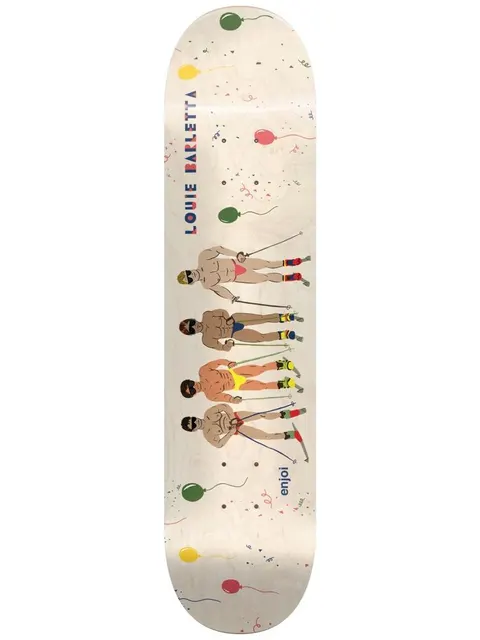 Enjoi barletta over board skateboard deck: Natural wood deck with four muscular men in swimming briefs, sunglasses and ski boots standing in a row holding ski poles, among party balloons and confetti. Rider name in red and blue letters, with Enjoi logo.