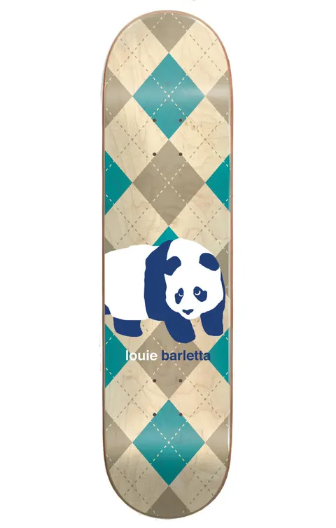Enjoi Barletta Peekaboo Pro Panda Super Sap R7 8.25 skateboard deck: A blue and white Enjoi panda lies across a deck patterned with teal, tan and natural wood argyle diamonds with stitched lines. Rider name is printed below the panda.