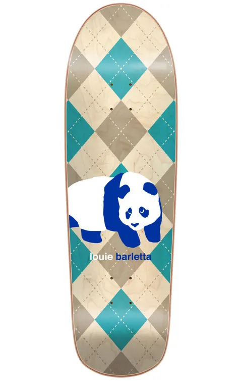 Enjoi Barletta Peekaboo Pro Panda Super Sap R7 9.5 skateboard deck: Blue and white panda lying down over a teal, beige and natural-wood argyle diamond pattern with dashed stitching, on a shaped old-school deck. louie barletta is printed beneath.