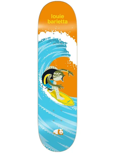 Enjoi barletta surfs up skateboard deck: Cartoon of a green frog or fish creature in a wetsuit riding a yellow surfboard through a blue barrel wave against an orange sun. Rider's name at the top and a small panda logo at the bottom.