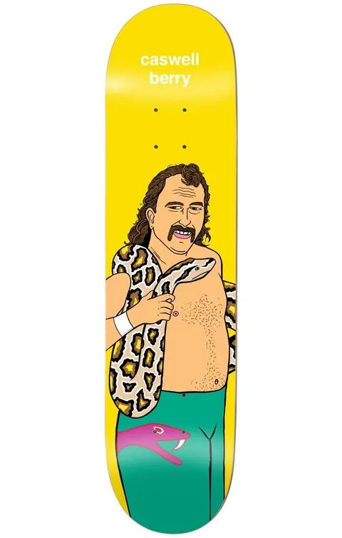 Enjoi berry body slam skateboard deck: A cartoon moustached man with a mullet draped with a spotted snake, wearing green trousers with a pink snake head on them, on a bright yellow deck. White name text at the top.