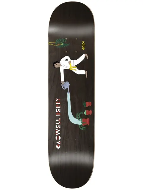 Enjoi berry over board r7 skateboard deck: Dark stained deck with an illustration of a barefoot figure in a white martial arts uniform and yellow belt watering potted plants with a long stream of water. Red and white rider name lettering runs along the side.