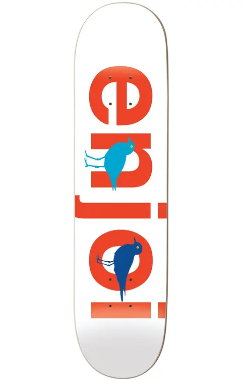 Enjoi Bird Watcher WHITE 8.5 skateboard deck: Large red-orange lower-case 'enjoi' lettering running down a white deck, with a light blue bird and a dark blue bird perched on the letters.