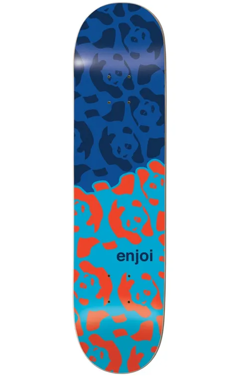 Enjoi Cornacopia BLUE 8.25 skateboard deck: Repeating pattern of enjoi panda heads in tone-on-tone navy on the top half and orange on light blue below, with the lowercase enjoi name in the middle.