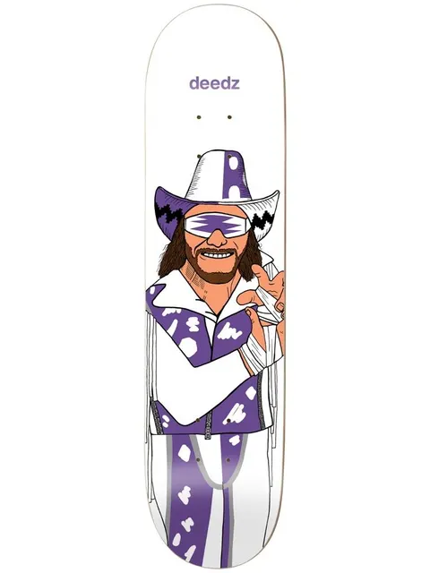 Enjoi Deedz Body Slam R7 8.25 skateboard deck: Cartoon wrestler with a beard and long hair in a cowboy hat, wrap-around shades and a fringed purple and white spotted jacket, taping his wrist, on a white deck.