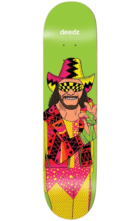 Enjoi deedz body Slam skateboard deck: A cartoon wrestler with long dark hair and beard wears a cowboy hat, checkered sunglasses, fringed tribal-print jacket and spotted pink and yellow outfit, with a green wrist wrap, on a lime green deck. The rider's name is at the top in white.