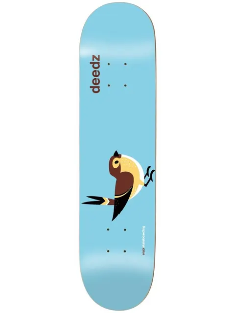 Enjoi Deedz Early Bird R7 8.25 skateboard deck: Light blue deck with a stylised brown and cream bird in mid-hop in the lower half, and 'deedz' in small brown lowercase lettering near the top.