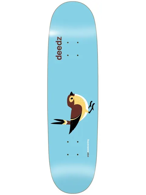 Enjoi Deedz Early Bird R7 8.375 skateboard deck: Light blue shaped deck with a stylised brown and cream bird mid-hop in the lower half, and 'deedz' in small brown lowercase lettering near the top.