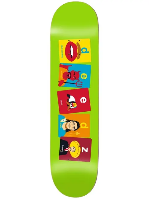 Enjoi deedz flashcards r7 skateboard deck: Lime green deck with five tilted flashcards stacked down the middle, each with a letter spelling DEEDZ and a flat illustration: lips, a devil, a panda, a man with long hair, and a sombrero-wearing man.