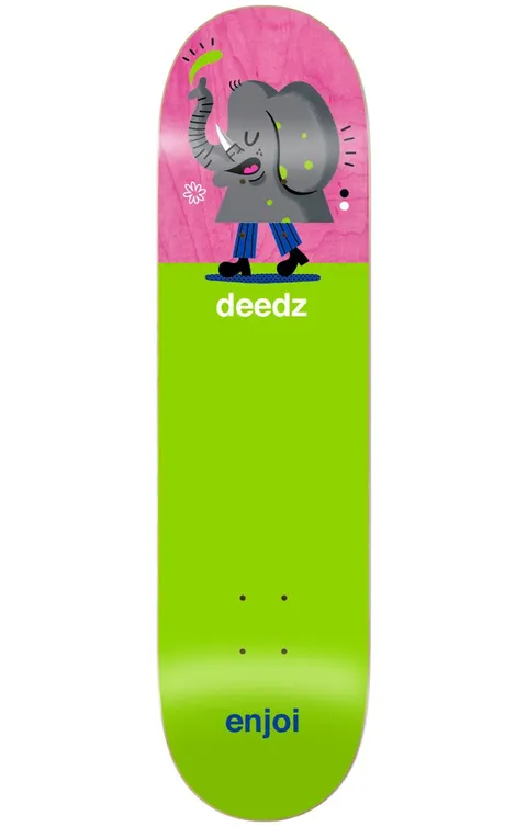 Enjoi deedz high waters R7 8.375 & 8.5 skateboard deck: A cartoon grey elephant in blue trousers and black boots stands upright on the pink top section, above a plain lime green lower half. Deedz in white type below the figure and the enjoi name in blue at the tail.