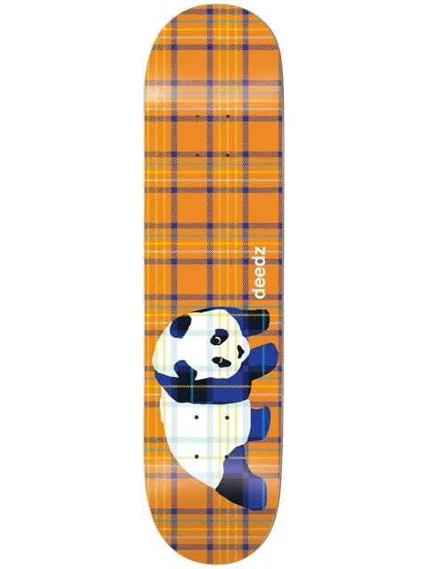 Enjoi Deedz Plaid Panda Super Sap R7 8.5 skateboard deck: Orange and navy tartan plaid covering the deck, with the Enjoi panda overlaid in matching plaid patterning. Deedz written vertically in white above the panda.