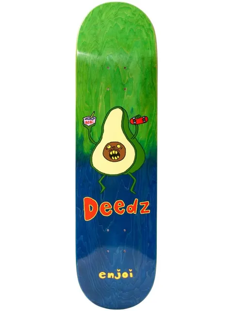 Enjoi deedz villani skateboard deck: Cartoon avocado half with a screaming brown stone face, holding a bowl of acai in one hand and a red fingerboard in the other, on a deck faded from green to blue. Hand-lettered Deedz and enjoi.