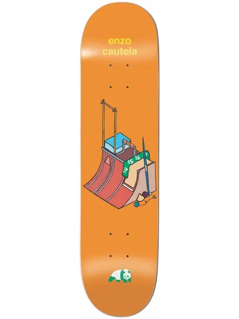 Enjoi Enzo Go for the Gold skateboard deck: Isometric drawing of a quarter-pipe ramp with a judges' chair on top, numbered scoreboard tiles reading 14, 15 and 16, a knitting needle and ball of yarn. Rider name at the top and panda logo at the bottom on orange.