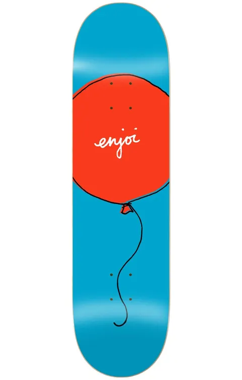 Enjoi float 8.0 skateboard deck: Bright blue deck with a large hand-drawn red balloon, outlined in black, with a long wavy string trailing down. The Enjoi name is written in white handwriting on the balloon.