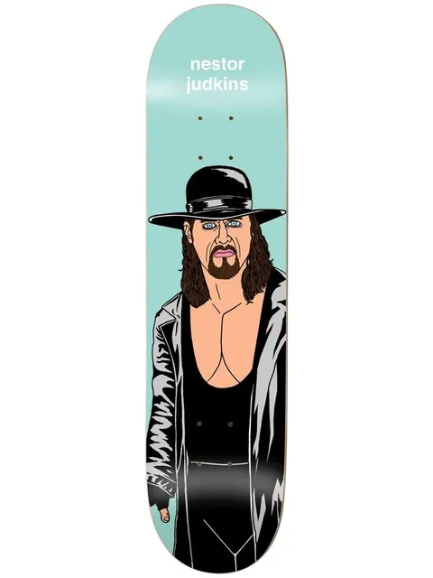 Enjoi judkins body slam skateboard deck: Cartoon portrait of a wrestler in a black wide-brimmed hat, long black coat and black vest, with long hair and a goatee, on a flat aqua background. Rider name printed at the top.