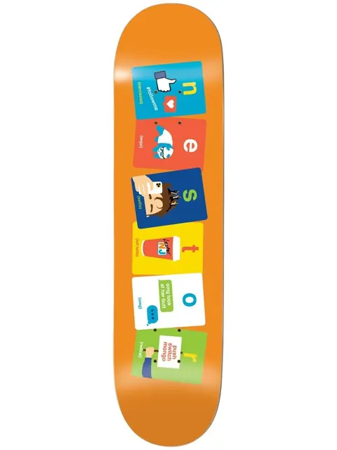 Enjoi Judkins Flashcards skateboard deck: Orange deck with six tilted flashcards down its length, each with a cartoon social media icon and a caption, spelling the word NESTOR one letter per card, with phrases like #followme and push switch mongo.