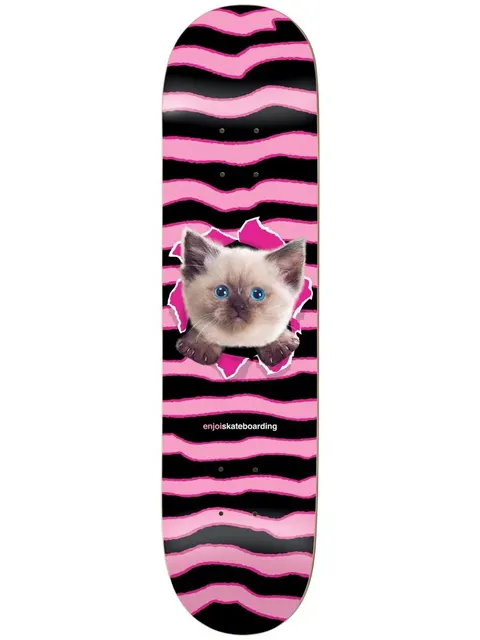 Enjoi Kitten Ripper HYB 7.75 skateboard deck: Photograph of a Siamese-type kitten with blue eyes bursting through a torn hole in a pink and black wavy striped background.