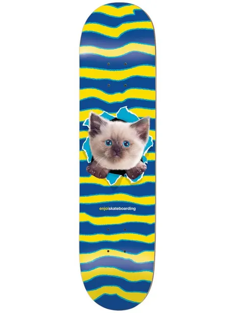 Enjoi Kitten Ripper HYB 8.25 skateboard deck: Photo of a Siamese-type kitten with blue eyes bursting through a torn hole in the deck, on wavy blue and yellow stripes with torn paper edges. 'enjoiskateboarding' printed below in small text.