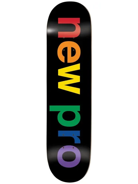 Enjoi New Pro Black skateboard deck: Plain black deck with the words 'new pro' in large lower-case sans-serif letters running down the length, each letter a different rainbow colour.