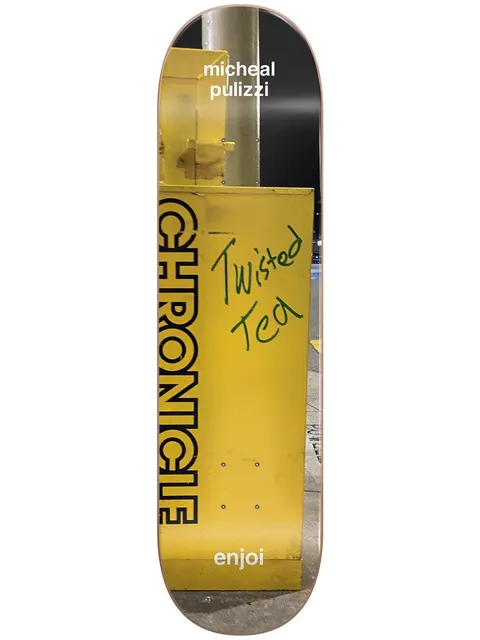 Enjoi pulizzi Tweaker R7 8.375 & 9.0 skateboard deck: A photograph of a yellow street newspaper box with 'Chronicle' on its side and 'Twisted Tea' scrawled in green marker. The rider's name is at the top and the brand name at the bottom.