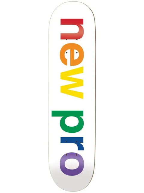 Enjoi New Pro White skateboard deck: The words new pro in large lower-case rainbow-coloured letters, each letter a different colour from red through to purple, running along the length of a white deck. Small faces are formed by the truck holes.
