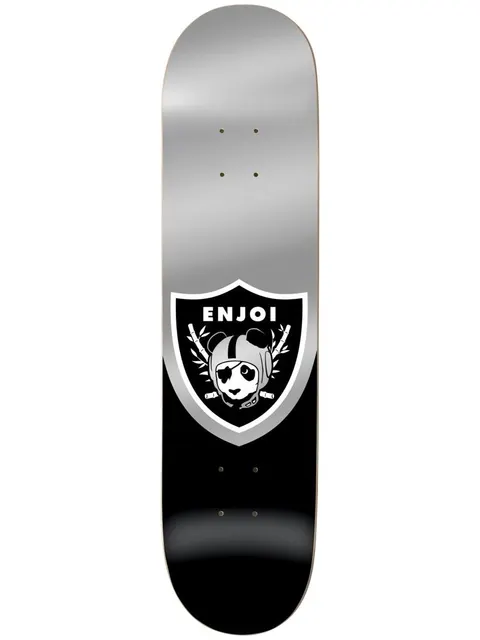 Enjoi Oaktown Black skateboard deck: Black and silver deck with a shield-shaped crest in the style of an American football team badge. It holds a panda face in a helmet with crossed bamboo stalks, with the brand name across the top of the shield.