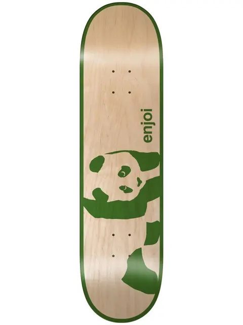 Enjoi panda logo super sap 8.5 skateboard deck: Green enjoi panda logo, a stylised panda with its head turned towards the viewer, on a natural maple deck with a green border and 'enjoi' in small lowercase letters beside it.