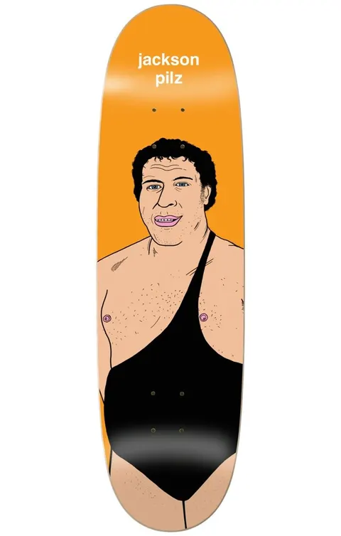 Enjoi pilz body slam shaped skateboard deck: A cartoon illustration of a large, smiling, dark-haired wrestler in a black one-strap singlet, drawn in simple outlines on a bright orange shaped deck. The rider's name is in white lowercase text at the top.