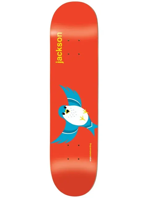 Enjoi Pilz Early Bird R7 8.5 skateboard deck: Simple flat illustration of a blue and white bird with wings spread and yellow feet on a bright orange-red deck. 'jackson' is printed in yellow near the nose and the Enjoi name along the side.