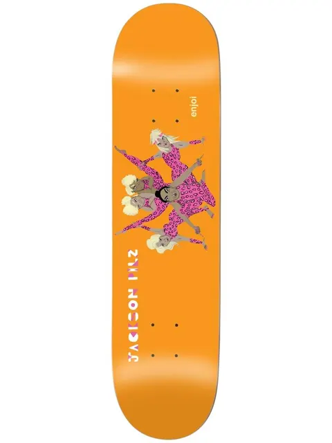 Enjoi pilz over board impact light skateboard deck: Group of blonde-wigged figures in pink leopard-print catsuits posed in a star formation on an orange deck. Rider name is written vertically in blocky letters alongside.