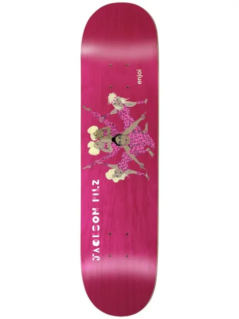 Enjoi pilz over board R7 skateboard deck: Illustration of five blonde and dark-haired dancers in pink leopard-print dresses striking poses in a star formation, on a magenta stained deck. Rider name runs up the lower half, Enjoi logo at top right.
