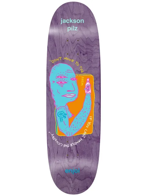 Enjoi Pilz Thirdeye R7 9.125 skateboard deck: A drawn blue man with three eyes on each side of his face and a hairy tattooed arm holding a bottle, on an orange panel, with the words 'Don't move to the farm if you can't handle the country!' curving around him on a purple wood-stained deck.