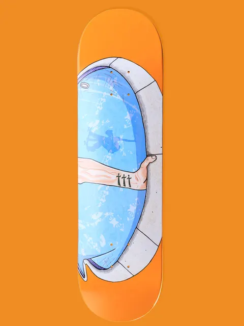 Enjoi Raemers Invert R7 8.25 skateboard deck: Cartoon view of a blue swimming pool with a skater's shadow, and a tattooed arm reaching across holding the pool edge, with the image appearing to continue beyond the deck edges, on orange.