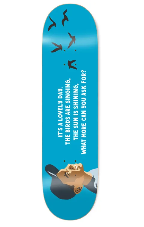 Enjoi Raemers Lovely Day R7 8.5 skateboard deck: Blue deck with black birds flying at the top, lyrics in white capitals in the middle, and a flat-illustrated man's head and shoulders in profile, eyes closed, at the bottom corner.