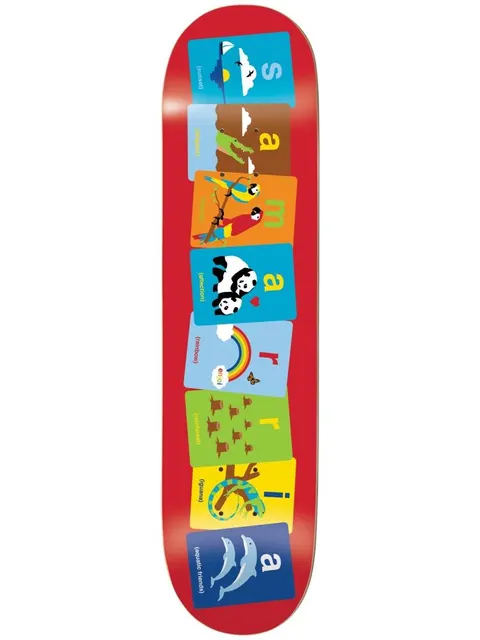 Enjoi samarria flashcards skateboard deck: Column of seven colourful flashcards spelling the rider's name letter by letter, each with a picture such as a sunset, crocodile, parrots, pandas, rainbow, iguana and dolphins, on a red deck.