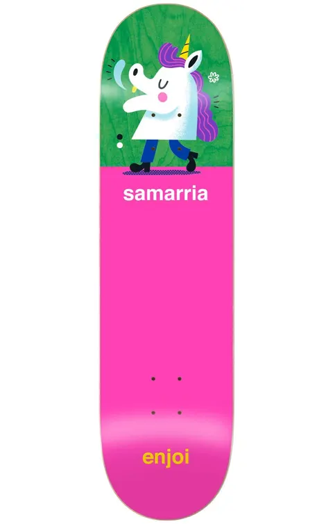 Enjoi samarria high waters R7 8.25 skateboard deck: Cartoon white unicorn head with purple mane and horn walking on human legs in blue trousers and black boots, on a green top panel above a large hot pink field. Rider name and enjoi logo in small type.