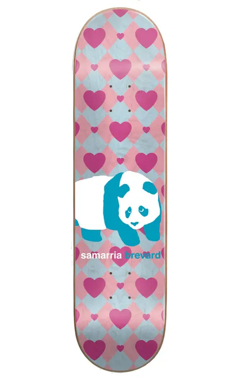 Enjoi Samarria Peekaboo Pro Panda Super Sap R7 8.0 & 8.5 skateboard deck: Teal and white panda in a crouching pose over a pattern of pink hearts on an argyle diamond background in pale pink and blue. The rider's name is printed beneath the panda.