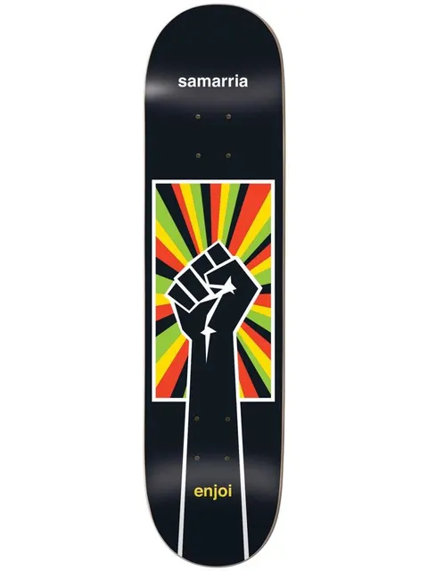 Enjoi samarria rise skateboard deck: Black raised fist silhouette in a white-bordered box filled with red, yellow and green sunburst rays, on a black deck with the rider's name at the top and Enjoi at the bottom.