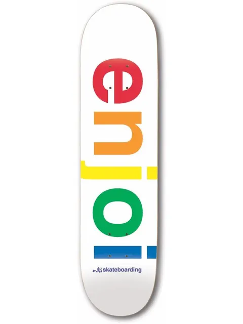 Enjoi spectrum white skateboard deck: Large lower-case logo running the length of a white deck, each letter in a different rainbow colour, with a small panda icon and wordmark at the tail.