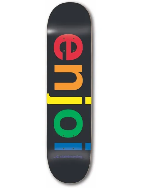 Enjoi spectrum black skateboard deck: Black deck with the enjoi logo in large lowercase letters, each letter a different spectrum colour from red to blue. A small 'skateboarding' line is printed at the bottom.