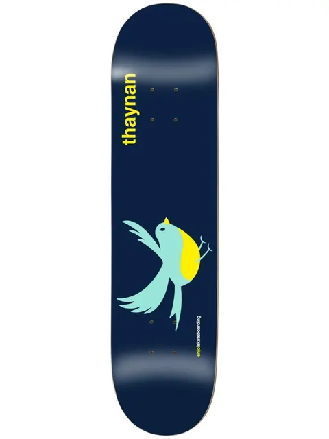 Enjoi Thaynan Early Bird R7 8 skateboard deck: A simple aqua bird with a yellow breast and raised wing flaps across a navy deck. Yellow 'thaynan' text runs vertically at the top and a small enjoi skateboarding logo sits beside the bird.