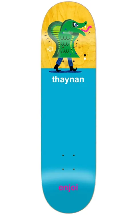 Enjoi thaynan high waters R7 8.25 & 8.75 skateboard deck: Cartoon green crocodile head with a pink tongue on a body walking on human legs in blue trousers and boots, on a yellow wood top panel above a bright blue field. Rider name and enjoi logo in small type.