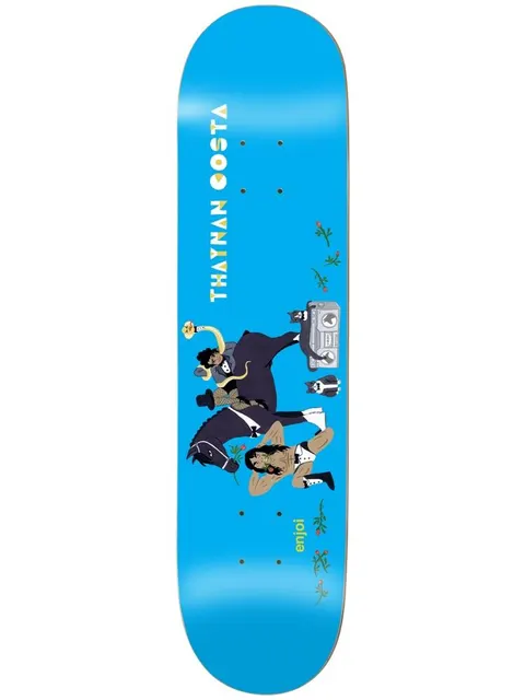 Enjoi thaynan over board impact light skateboard deck: Flat illustration on a bright blue deck of a figure in dark clothing riding a black horse and holding a snake, a muscular man in boots lying below, a boombox, two small dogs and rose stems. Rider name runs vertically.