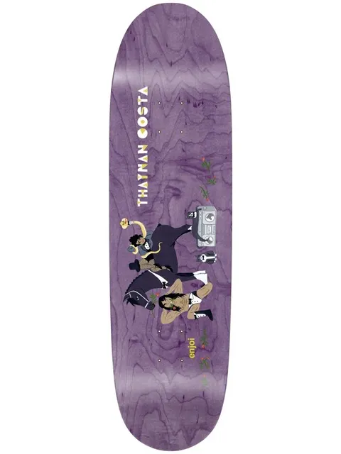 Enjoi thaynan over board R7 skateboard deck: Flat illustration of a figure in dark clothing on a black horse holding a snake, a muscular man in boots lying below, a boombox, two small dogs and rose stems, on a purple wood-stained deck. Rider name runs vertically.