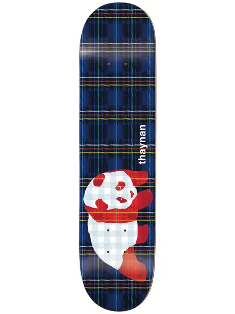 Enjoi Thaynan Plaid Panda Super Sap R7 8.25 skateboard deck: Navy tartan with yellow, red and light blue lines across the deck, with the Enjoi panda in red and pale gingham near the tail. Rider name printed vertically in white.